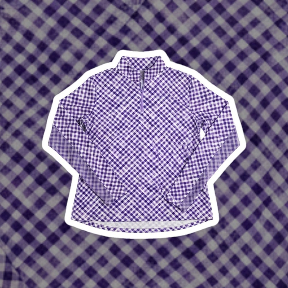 IBIBKUL Women XL Purple Gingham LS Golf Polo Quarter Zip UPF 50 Vented Top